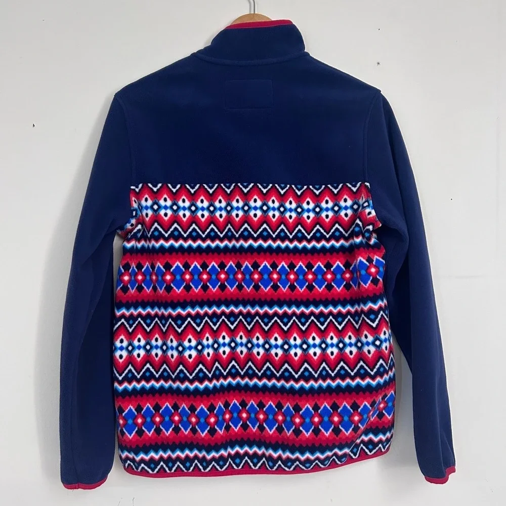 Lands End Fleece Pullover Kids S 6-8 Blue Red Fair‎ Isle Snap Neck Sweatshirt